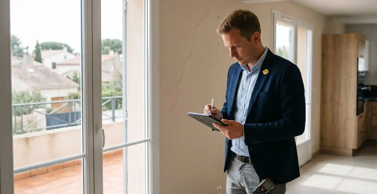 Expert immobilier FNAIM conduisant une visite d'estimation dans une maison de l'Aude, prenant des notes sur tablette avec vue sur quartier résidentiel en arrière-plan