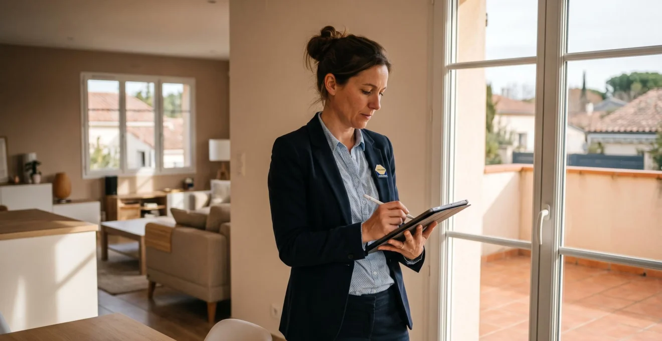 Expert immobilier FNAIM conduisant une visite d'estimation dans une maison de l'Aude, prenant des notes sur tablette avec vue sur quartier résidentiel en arrière-plan