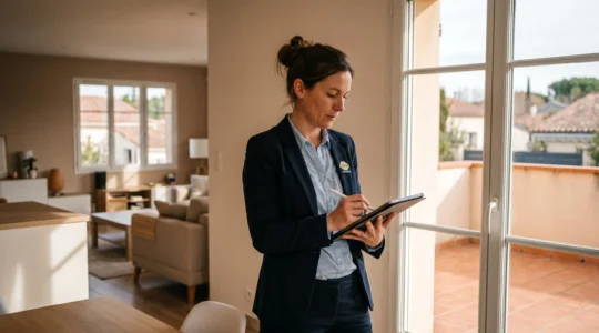 Expert immobilier FNAIM conduisant une visite d'estimation dans une maison de l'Aude, prenant des notes sur tablette avec vue sur quartier résidentiel en arrière-plan