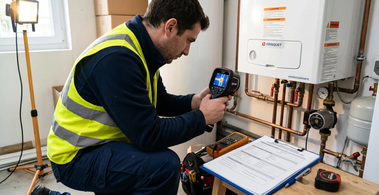 Technicien certifié réalisant un diagnostic de performance énergétique avec appareil de mesure thermique dans une maison, formulaire DPE en français visible