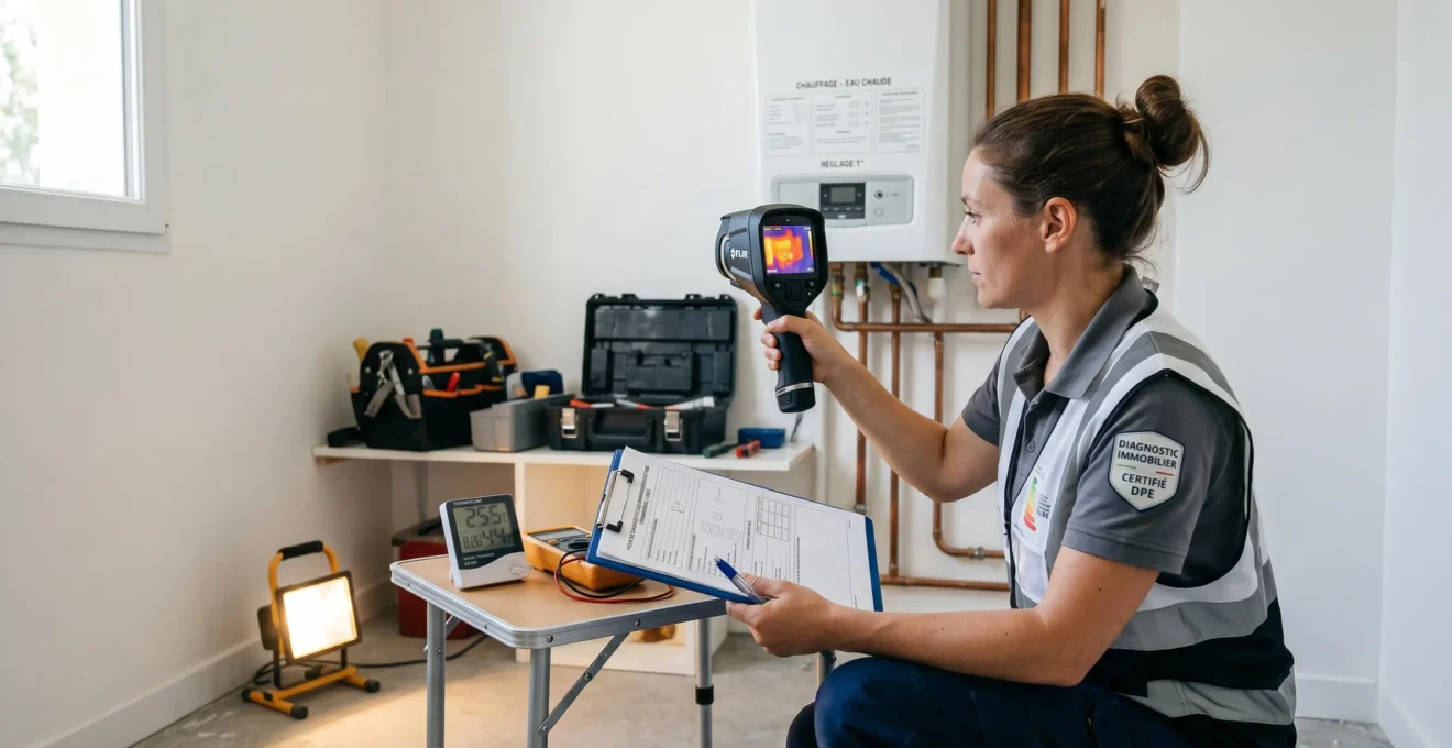 Technicien certifié réalisant un diagnostic de performance énergétique avec appareil de mesure thermique dans une maison, formulaire DPE en français visible