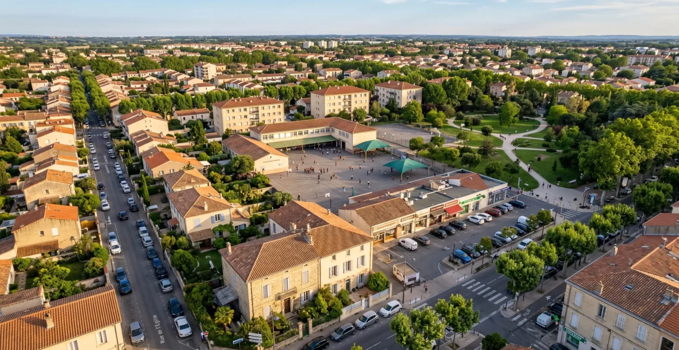 Vue aérienne d'un quartier résidentiel de Narbonne montrant la proximité des commodités (écoles, commerces, espaces verts) et le tissu urbain méditerranéen