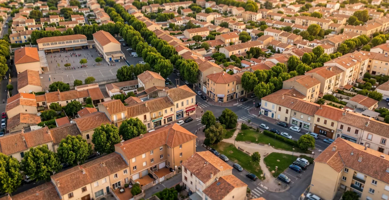 Vue aérienne d'un quartier résidentiel de Narbonne montrant la proximité des commodités (écoles, commerces, espaces verts) et le tissu urbain méditerranéen